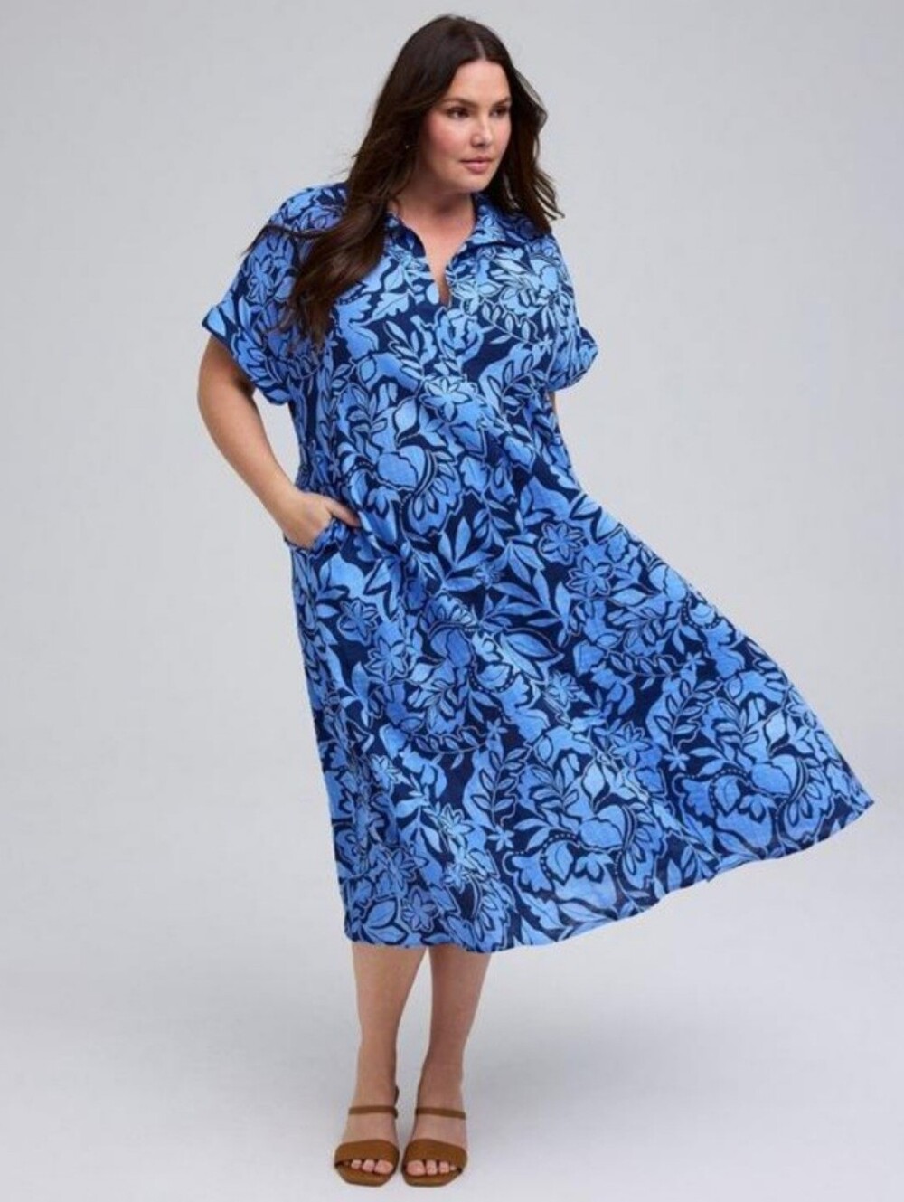 Torrid 1 Belle Isle Blue Popover Midi Dress Dolman Short Sleeves Pockets